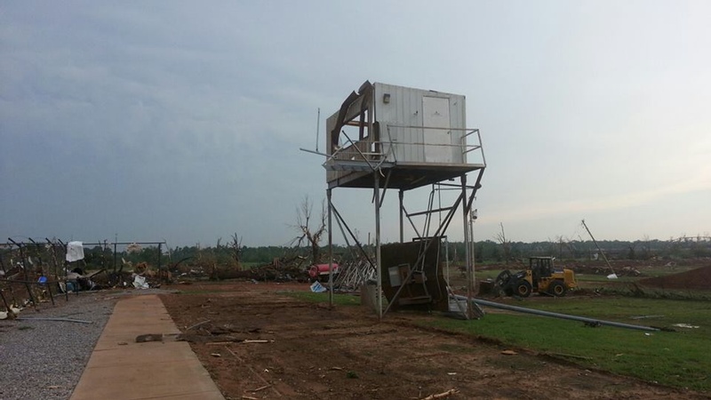 Score Tower destroyed above absent grandstands